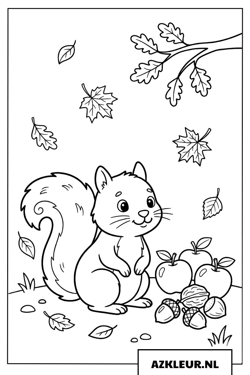 Kleurplaat Eekhoorn met Herfstfruit