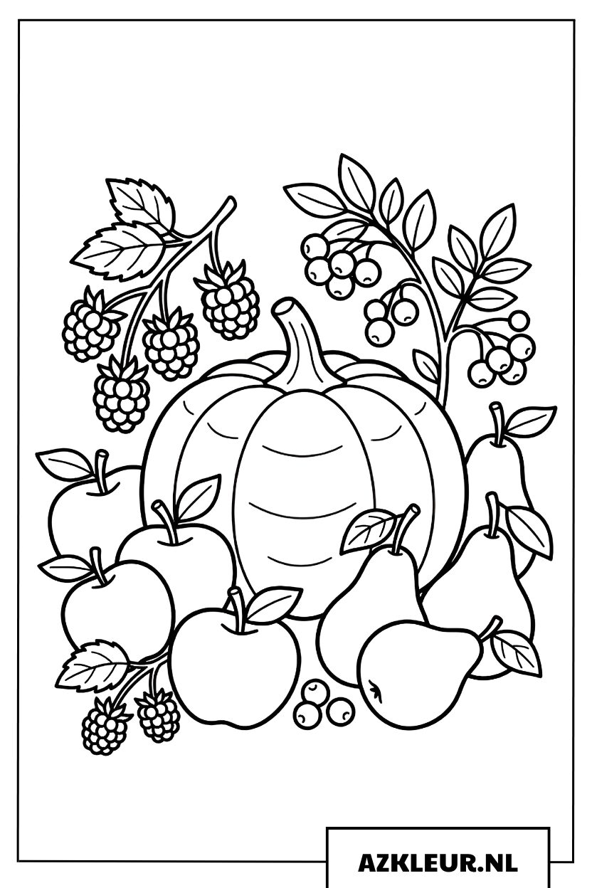 Kleurplaat Herfst Mand met Fruit en Pompoen