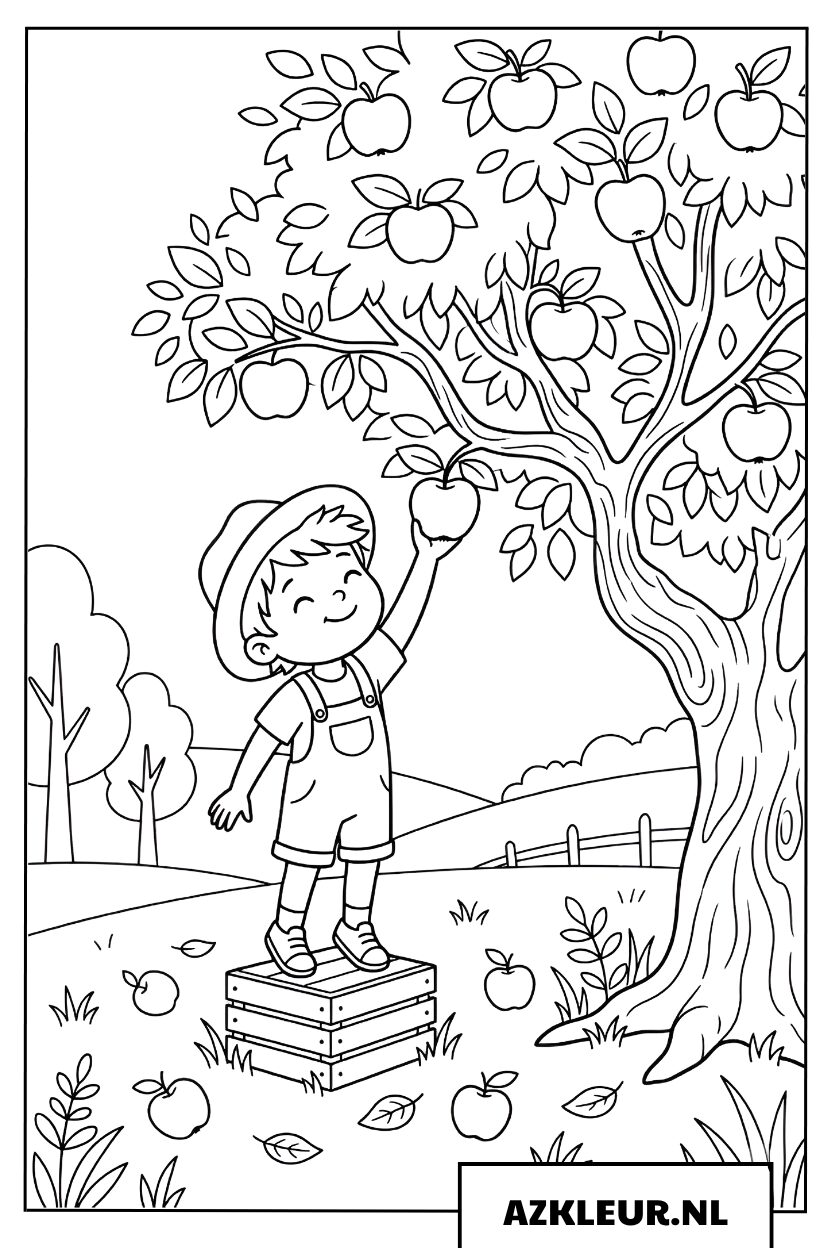 Kleurplaat Kind Plukt Appels