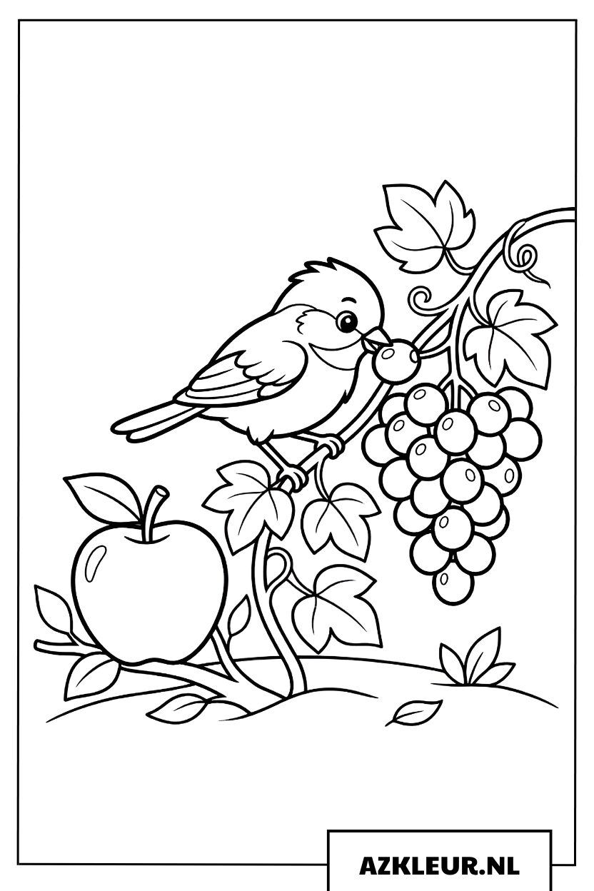 Kleurplaat Vogeltje en Druiven