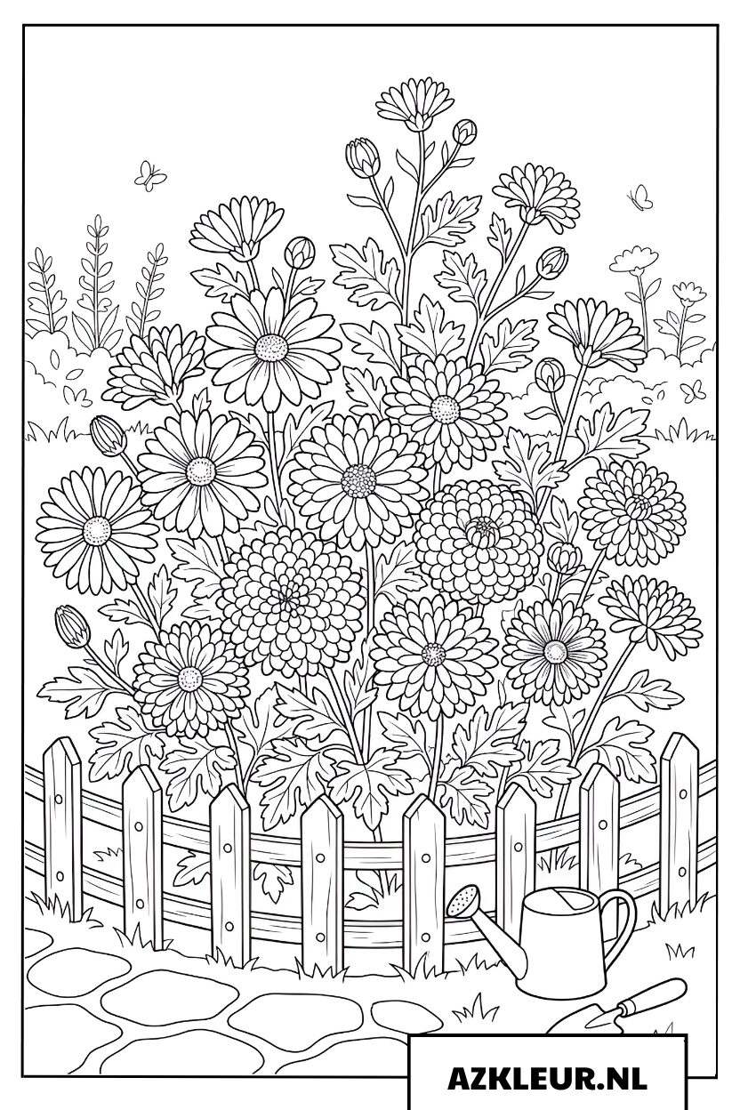 Kleurplaat bloembed in de herfsttuin