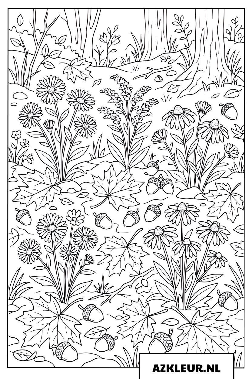Kleurplaat bloemen op de bosgrond
