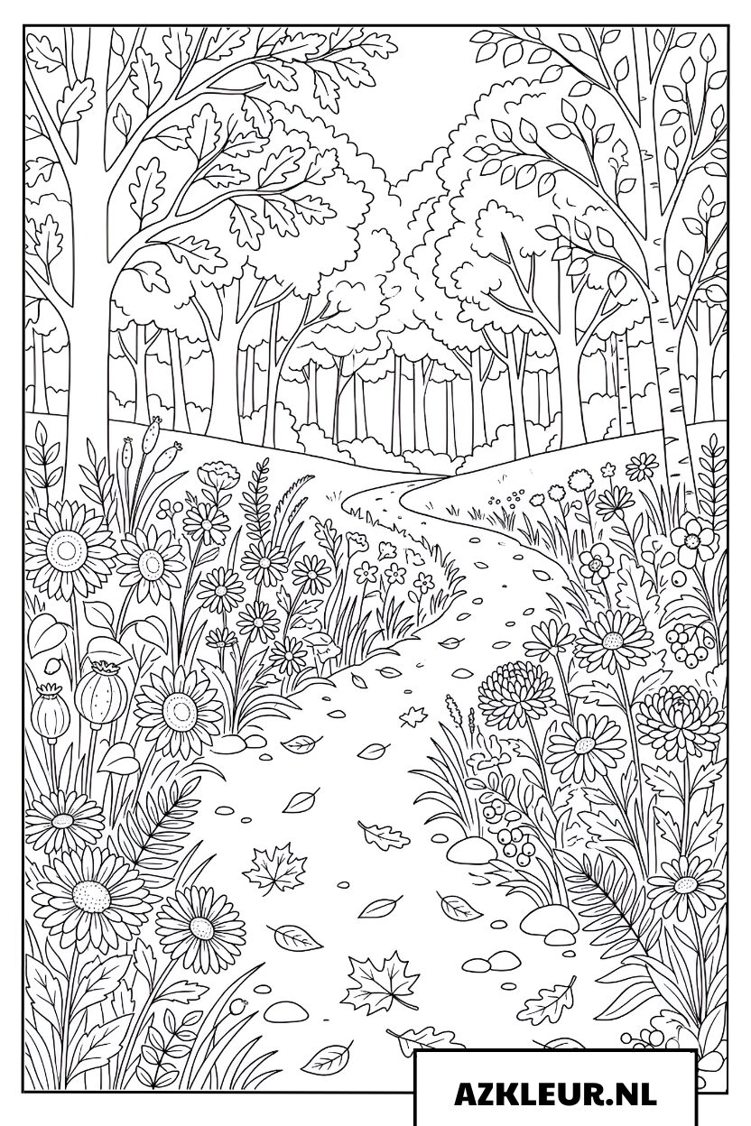 Kleurplaat bospad met herfstbloemen