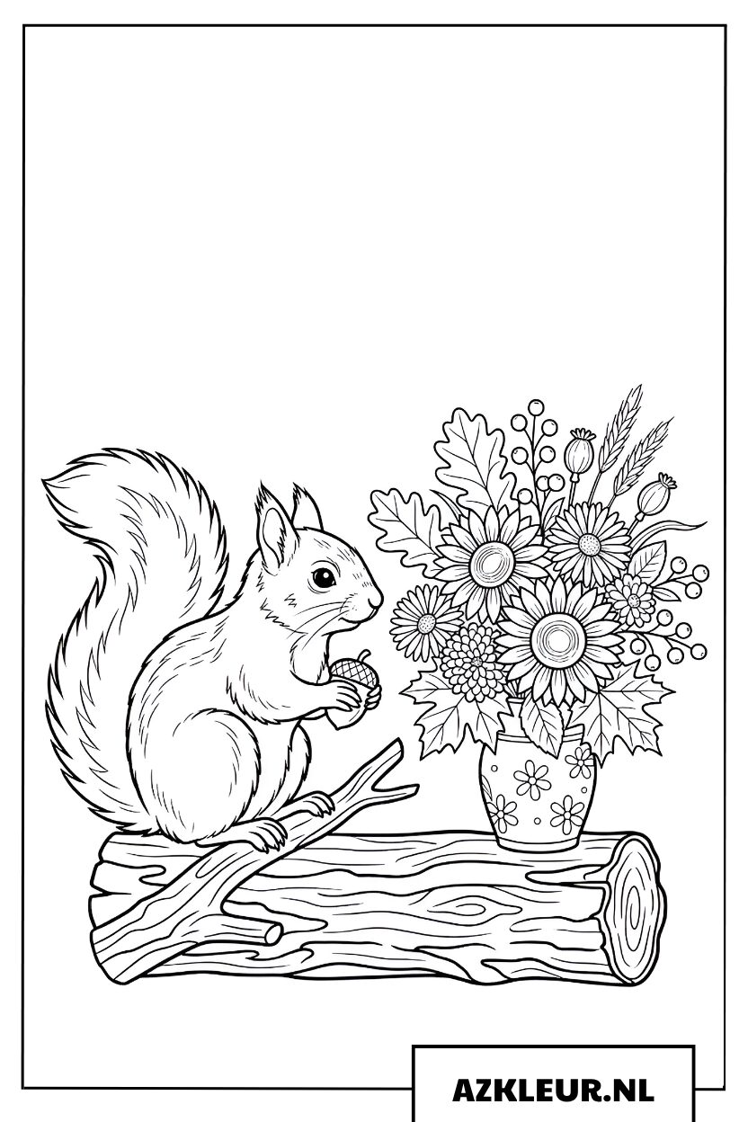 Kleurplaat eekhoorn met herfstbloemen