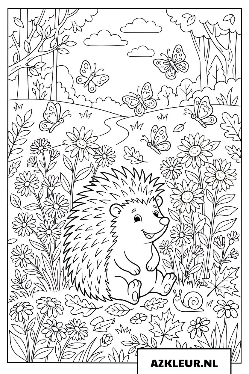 Kleurplaat egel tussen herfstbloemen