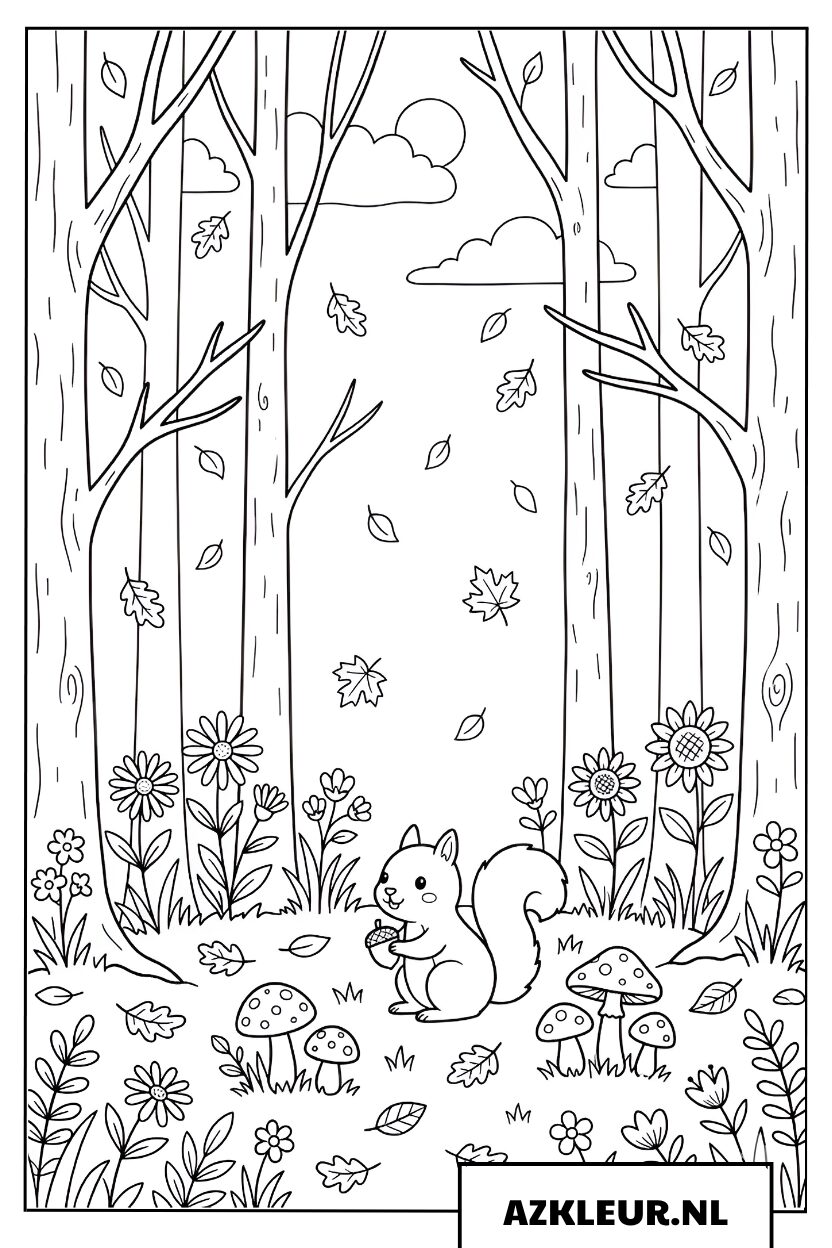 Kleurplaat herfstbloemen in het bos