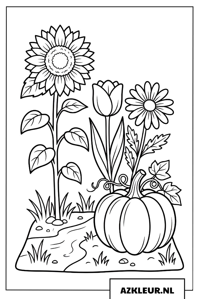 Kleurplaat herfsttuin met bloemen