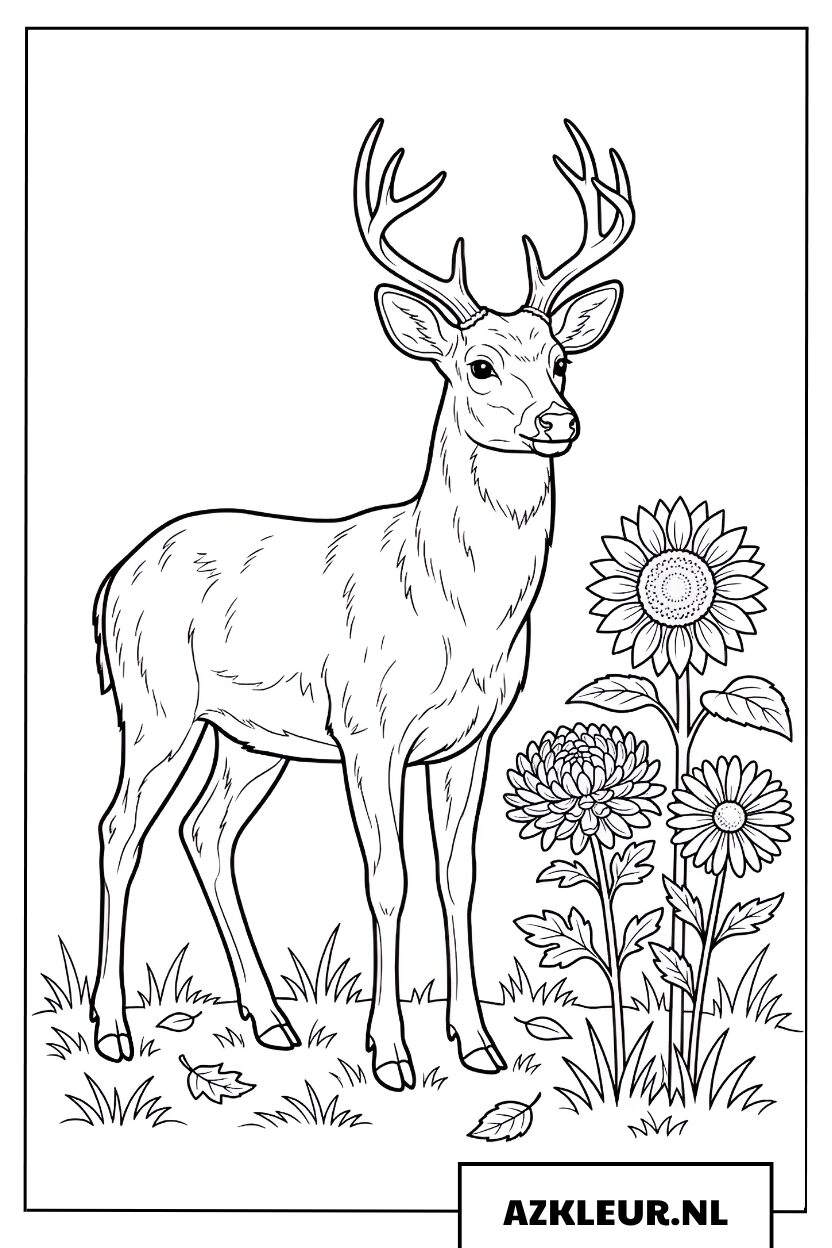 Kleurplaat hert en bloemen in de wei