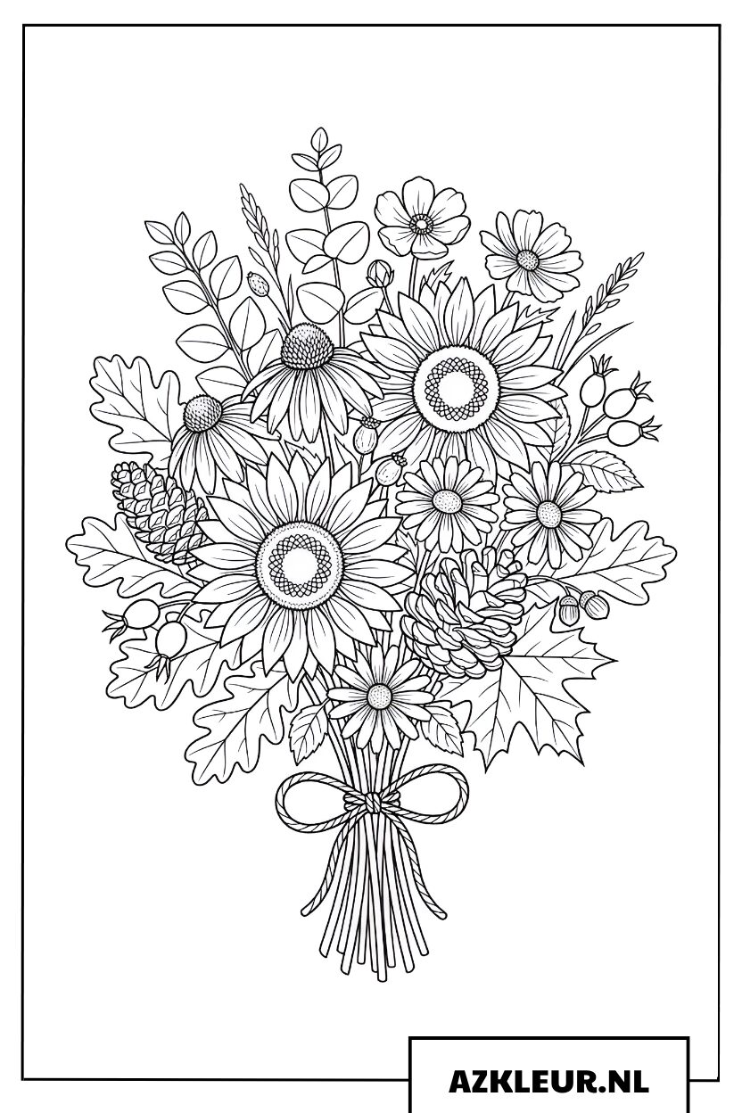 Kleurplaat klein boeket met dennenappel