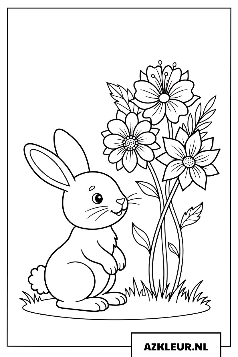 Kleurplaat konijn en herfstbloemen