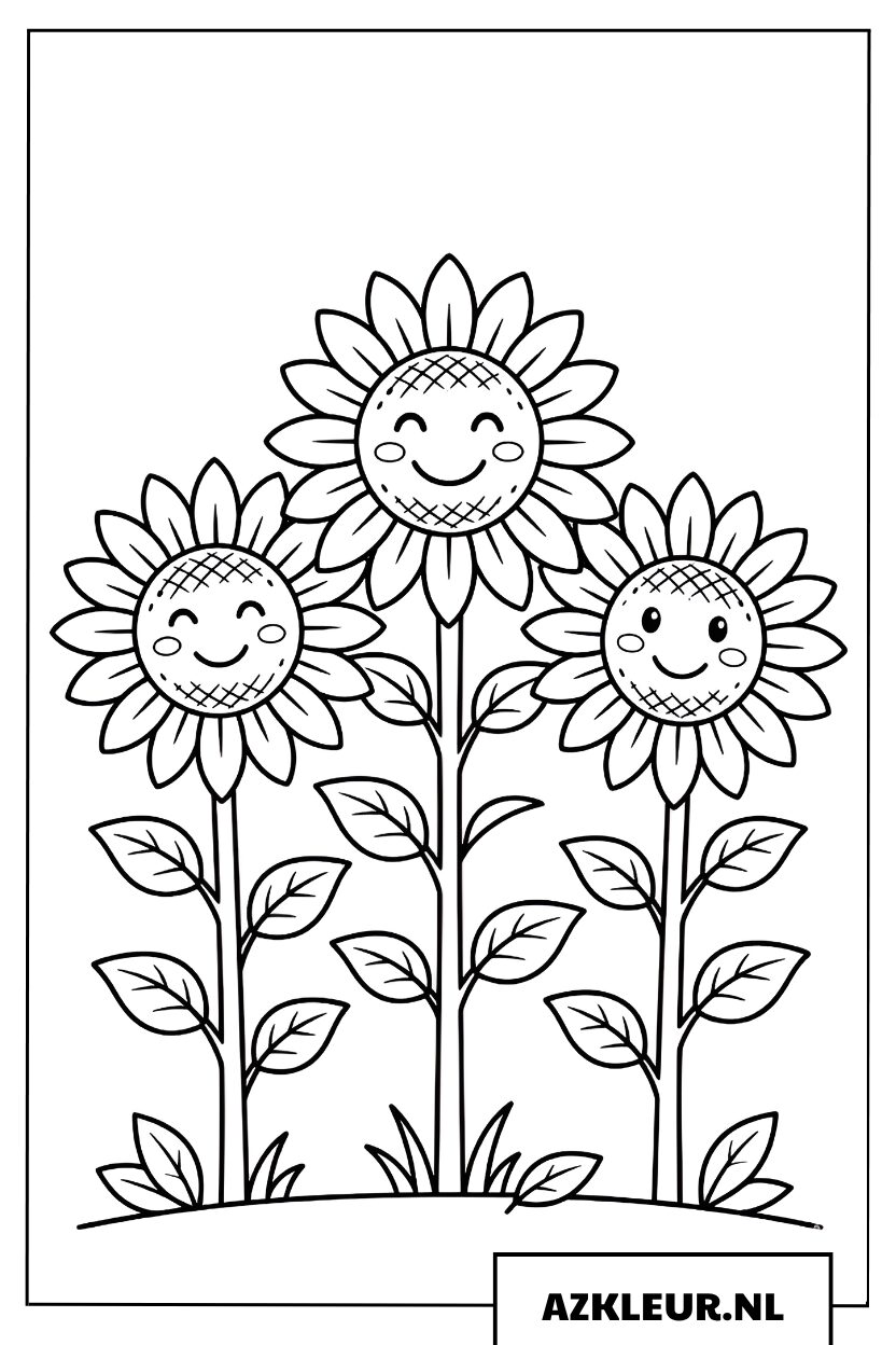 Kleurplaat lachende zonnebloemen