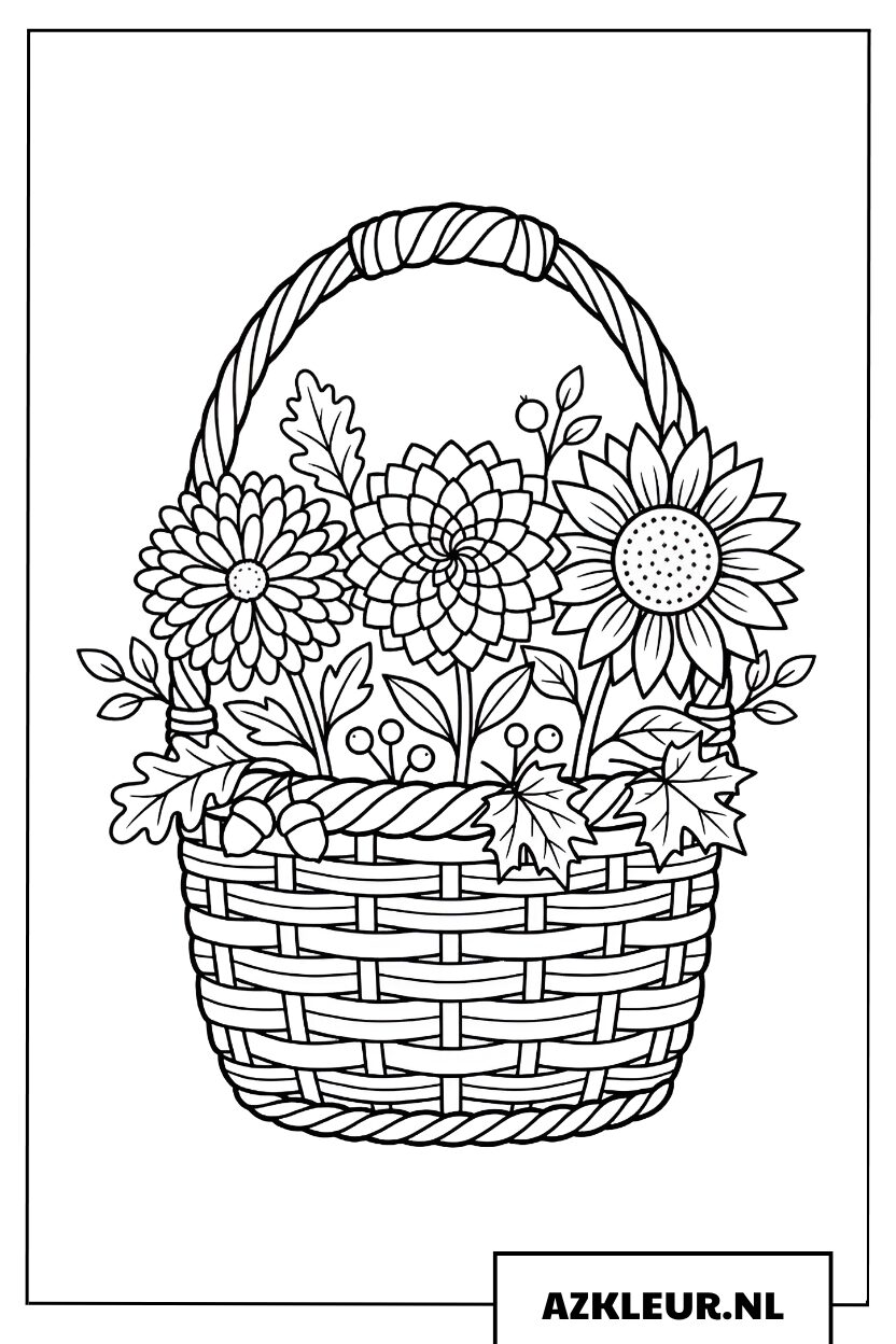 Kleurplaat mand met herfstbloemen