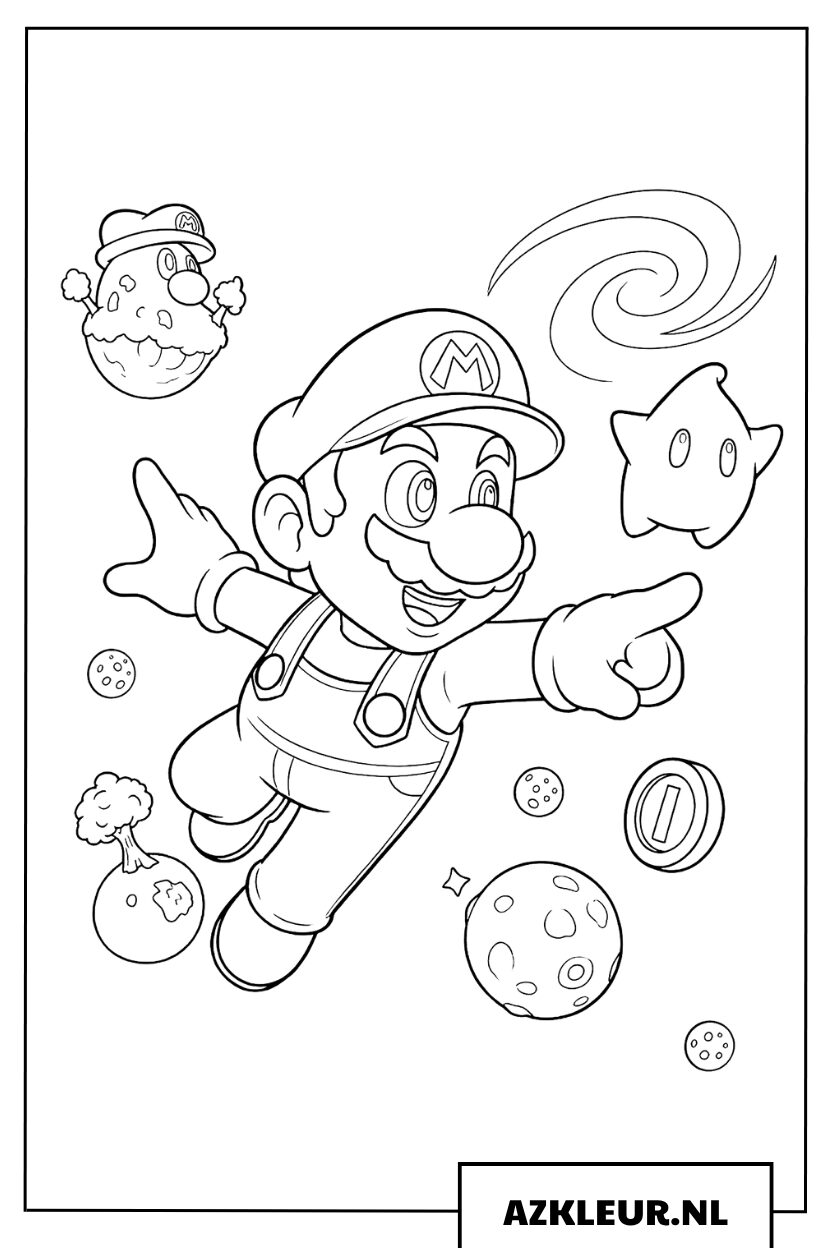 Kleurplaat van Mario die door de sterren vliegt met Luma