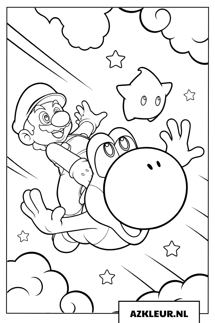 Kleurplaat van Mario die op Yoshi door de wolken rijdt