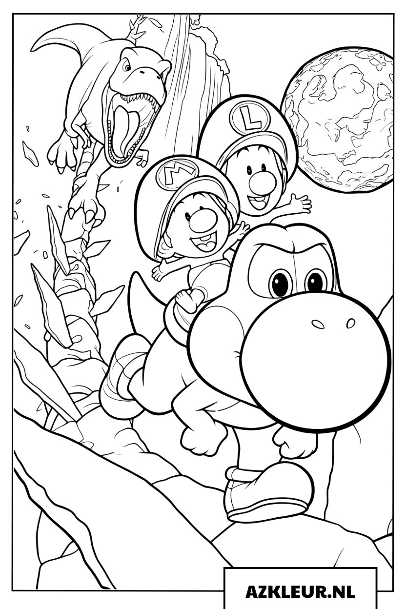 Kleurplaat van Mario en Luigi op Yoshi die ontsnappen aan een dinosaurus