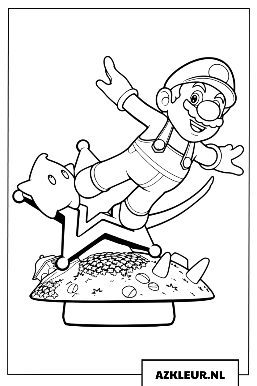 Kleurplaat van Mario op een fonkelende sterrenwerper