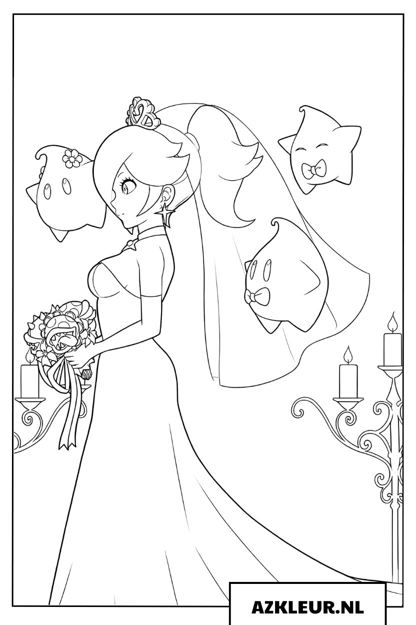 Kleurplaat van Prinses Rosalina in een schitterende trouwjurk