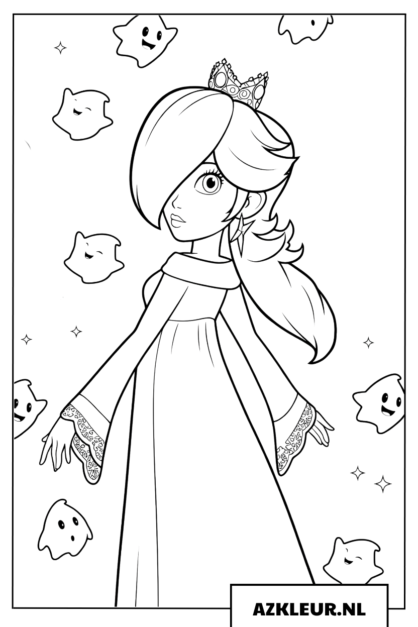 Kleurplaat van Rosalina en haar schattige Luma-vriendjes