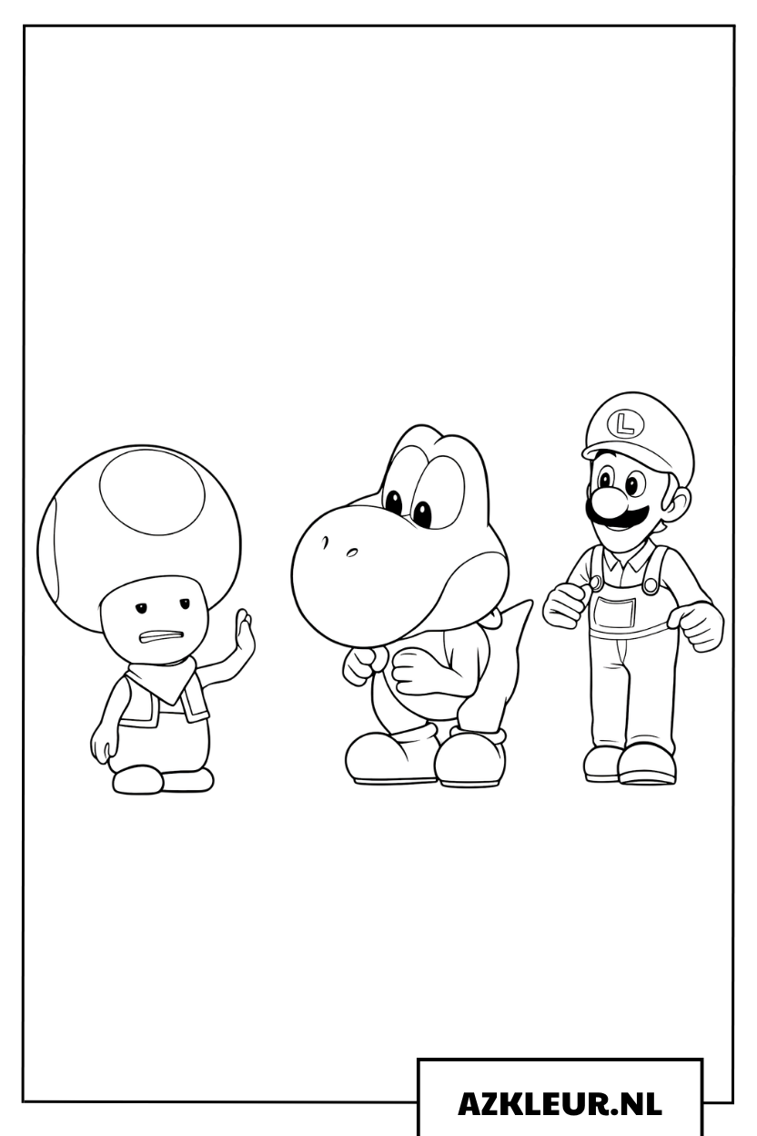 Kleurplaat van Toad, Yoshi en Mario die samenstaan