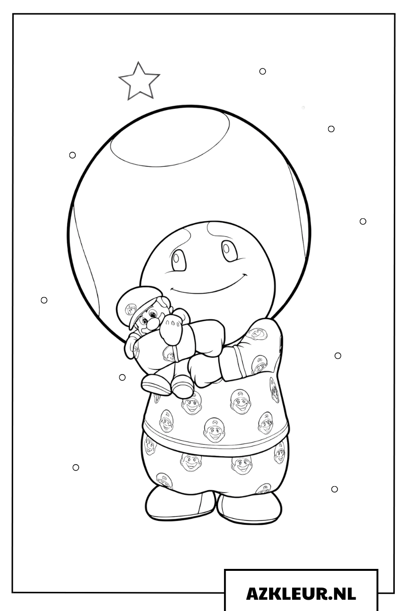 Kleurplaat van Toad in pyjama die een pop vasthoudt