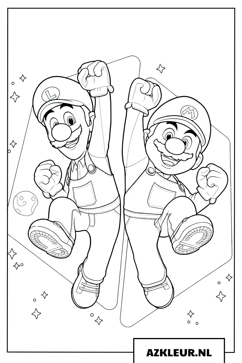 Kleurplaat van de broers Mario en Luigi die samen hoog springen