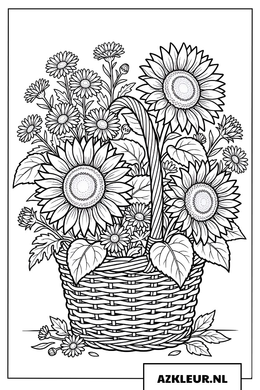 Kleurplaat volle mand herfstbloemen