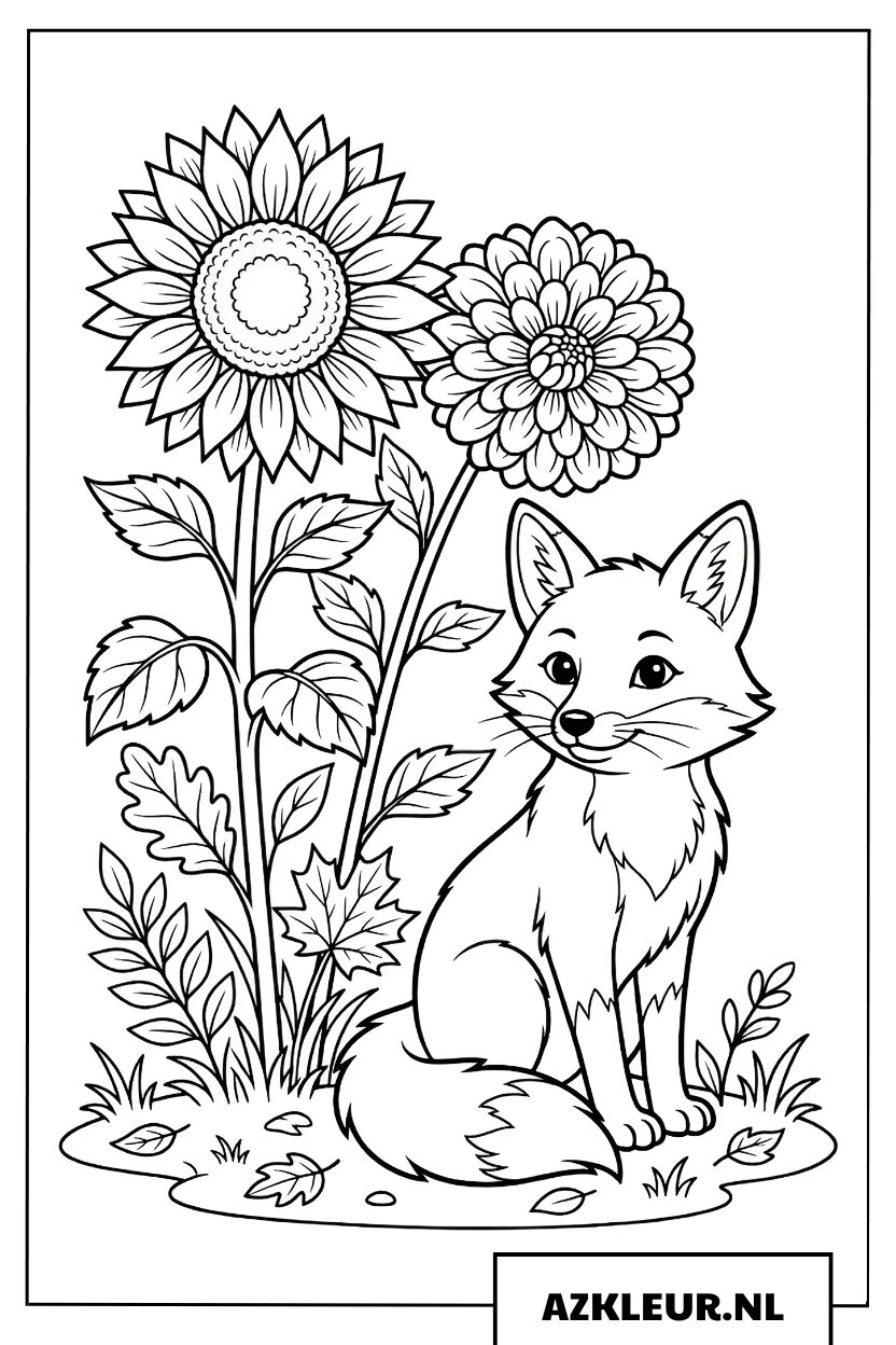 Kleurplaat vos tussen herfstbloemen