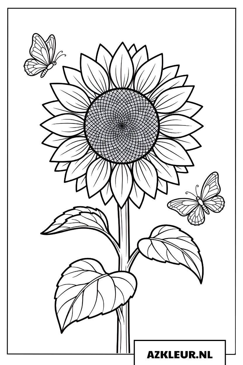 Kleurplaat zonnebloemen met vlinders