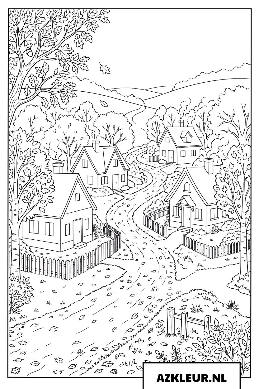 Landelijk dorp met bomen kleurplaat