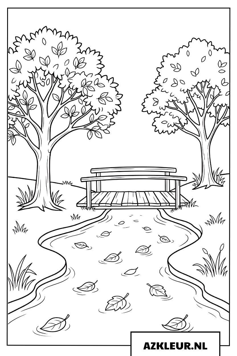 Rivier met brug en vallende bladeren kleurplaat