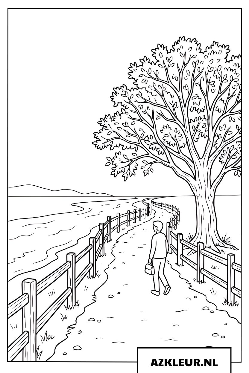 Rivierpad met hek en wandelaar kleurplaat